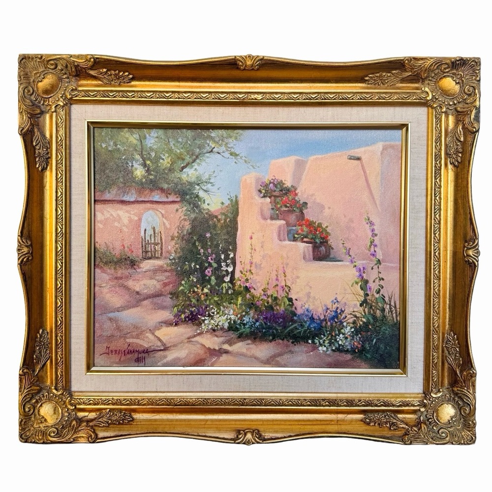 Impressionist Painting Adobe House Building W Flowers Gold Framed Artist Signed